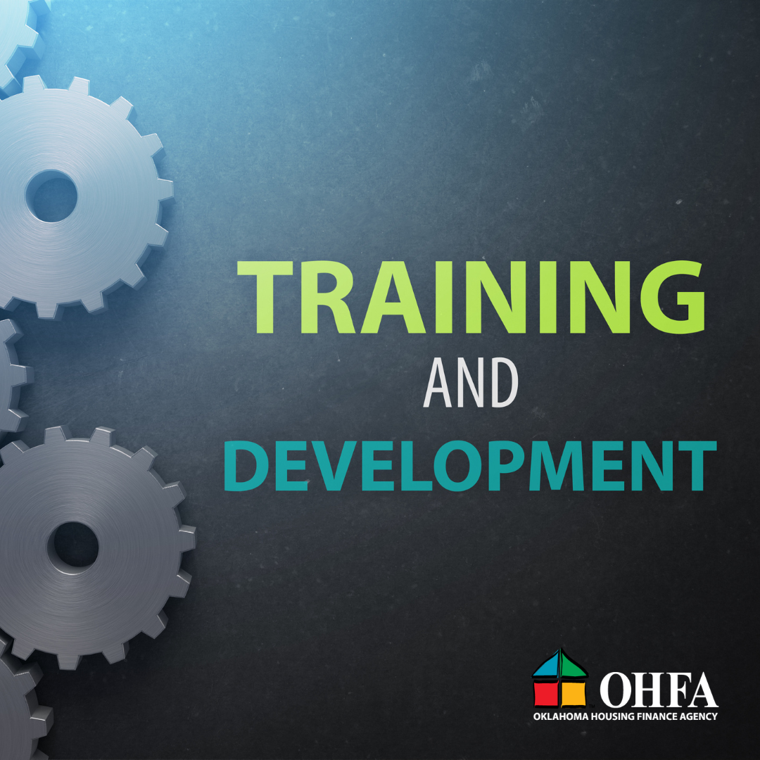 Words "training and development" and OHFA logo on a dark background with gears