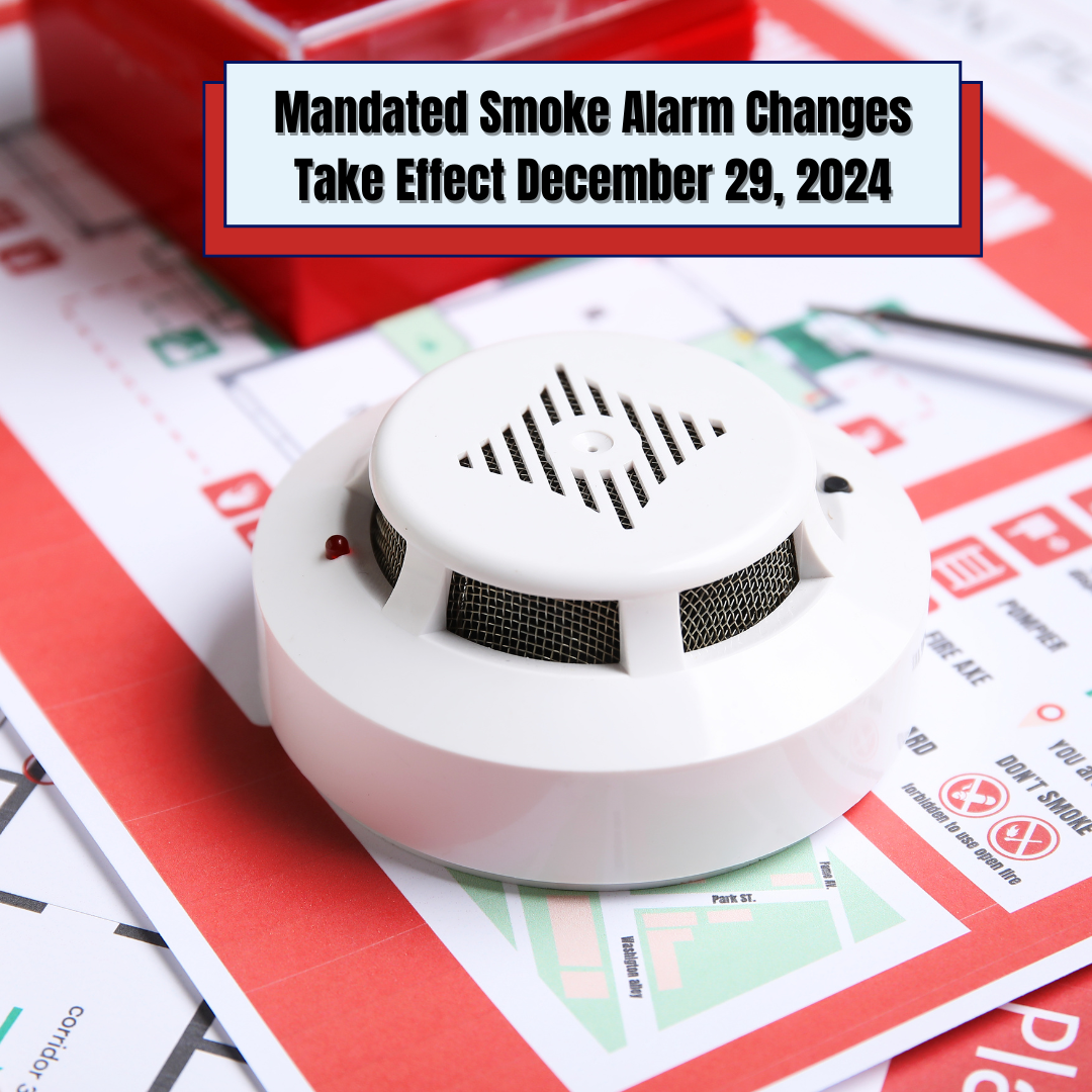 Photo of a smoke detector with the words Mandated Smoke Alarm Changes take effect December 29, 2024